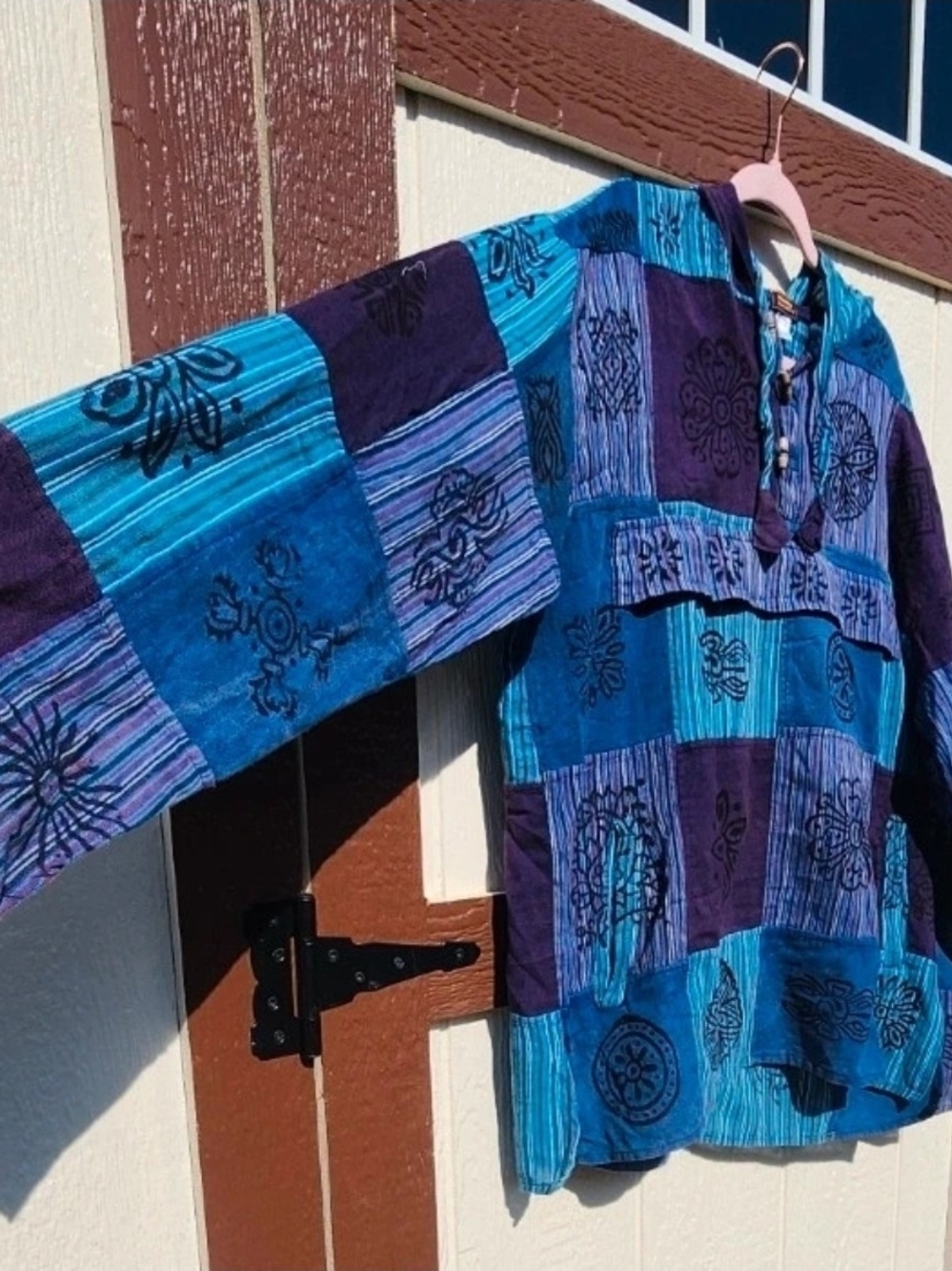New! Rising International 100% Cotton Boho Blockprint Patchwork Hoodie, NWT - Picture 5 of 6